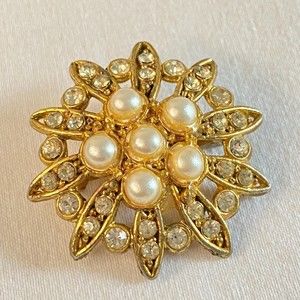 Faux Pearl And Gold Tone Sun Burst Brooch